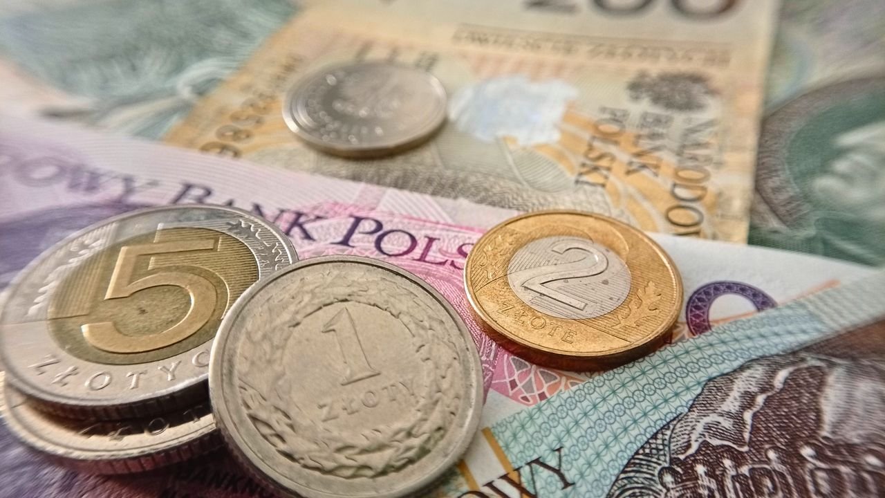 Close-up of Polish coins and banknotes, showcasing zloty currency details.