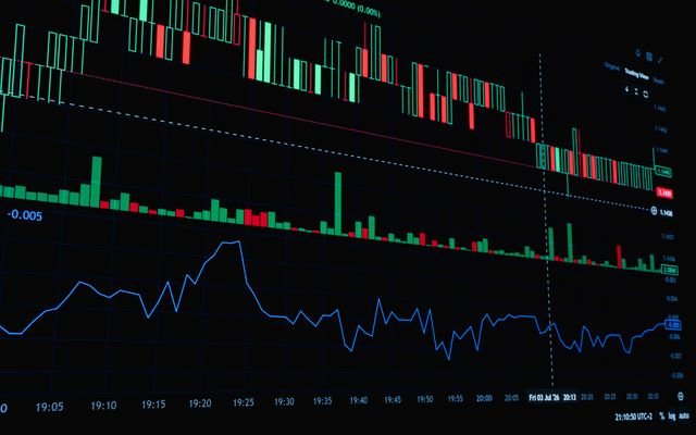 A detailed view of a financial trading graph featuring candlestick and line charts for market analysis.