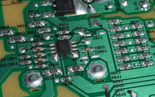 Detailed view of electronic circuit board components and soldered connections.