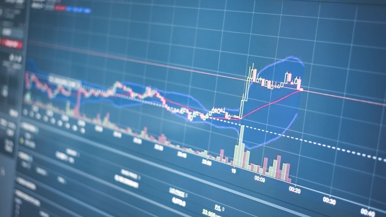 Close-up of a financial graph on a screen showing stock market trading data and trends.