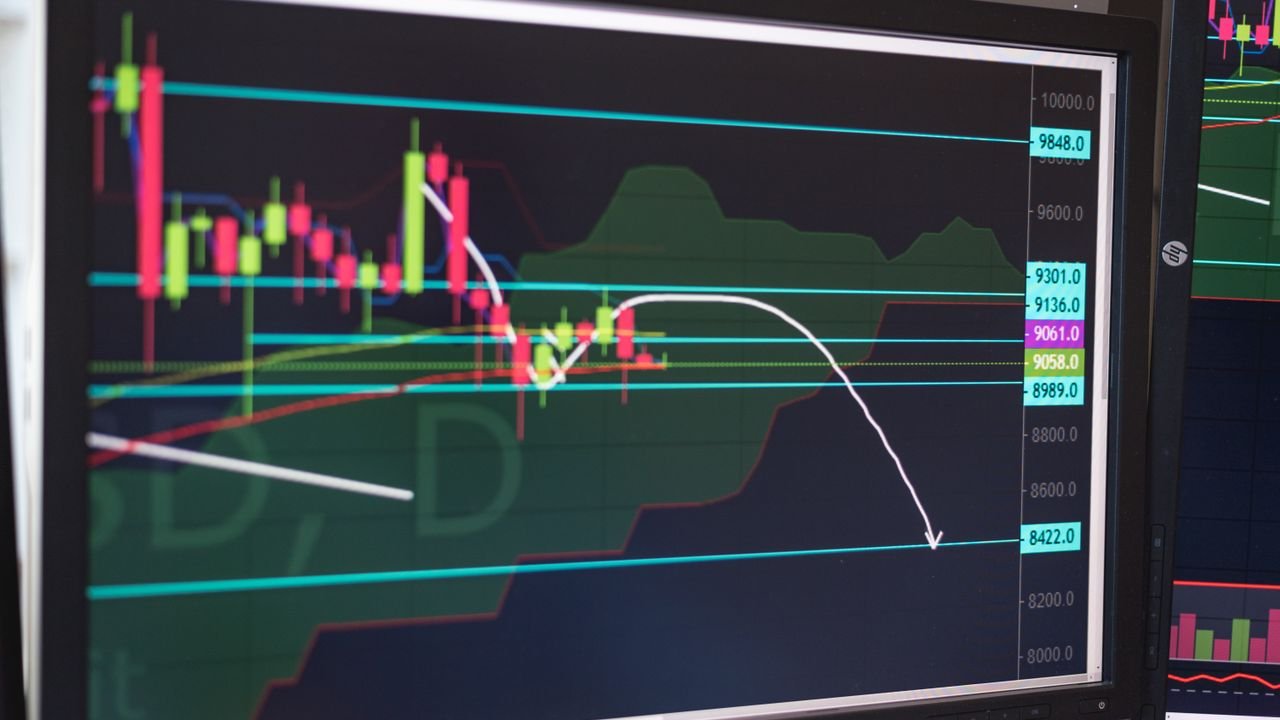 Close-up of a cryptocurrency trading chart displayed on a monitor, showing market trends and analysis.
