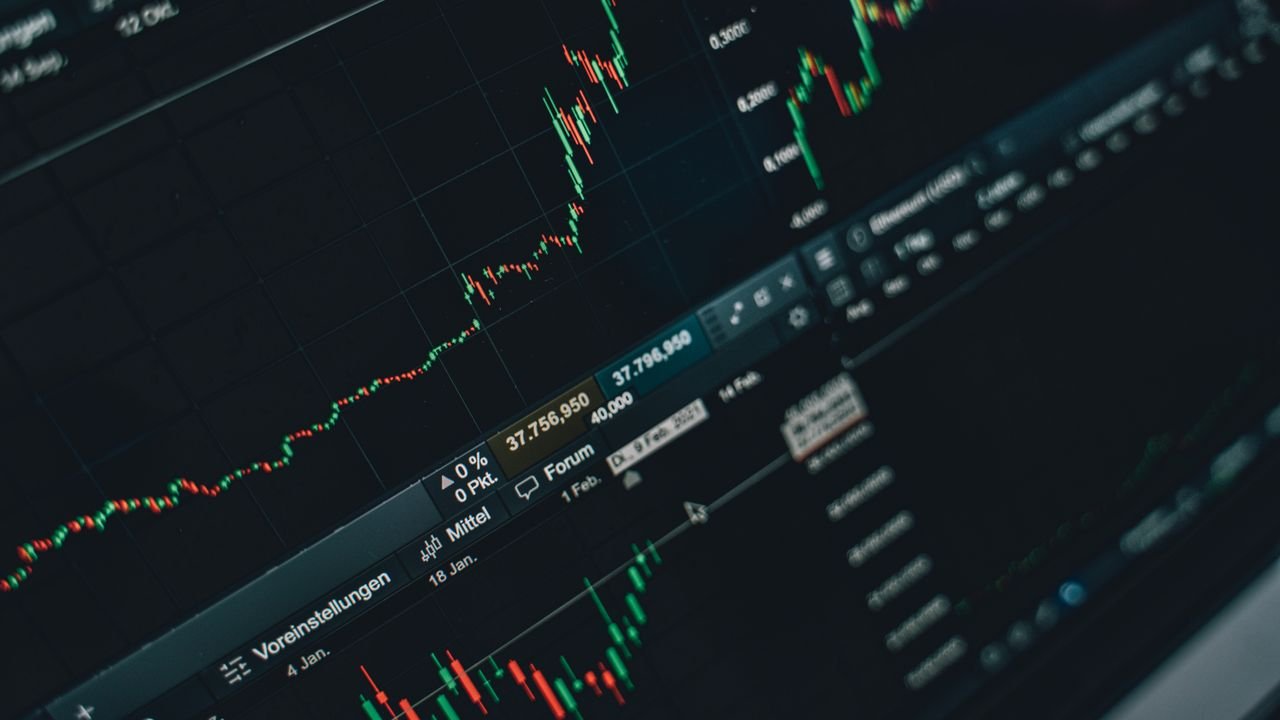 Close-up of stock market trading screen displaying financial growth and charts.