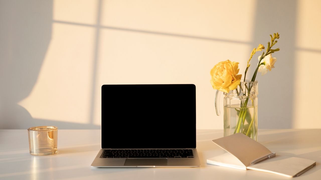 A serene minimalist workspace featuring a laptop, flowers, and a notebook, ideal for productivity and creativity.