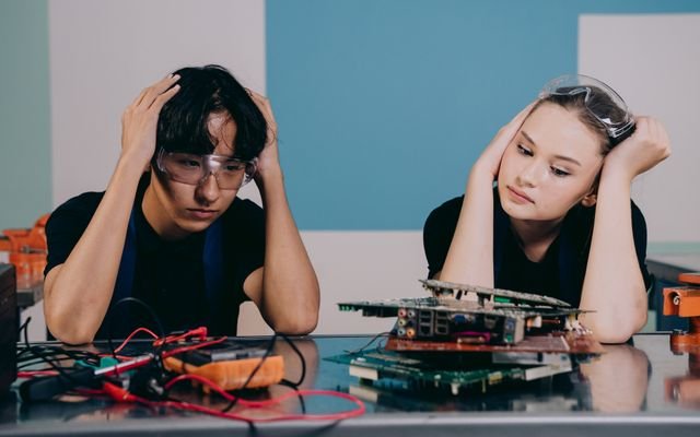 Two technicians in safety goggles work on circuit boards, displaying stress and focus in a tech lab.